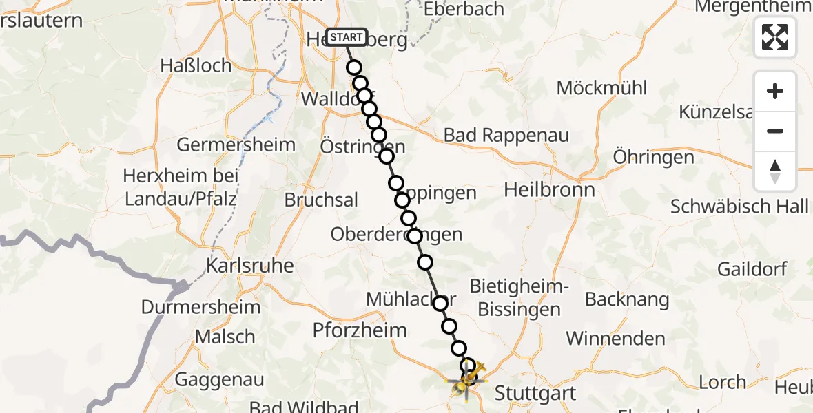 Flugroute Rettungshubschrauber Heidelberg - Leonberg Hospital, 19 September 2026, 08:36