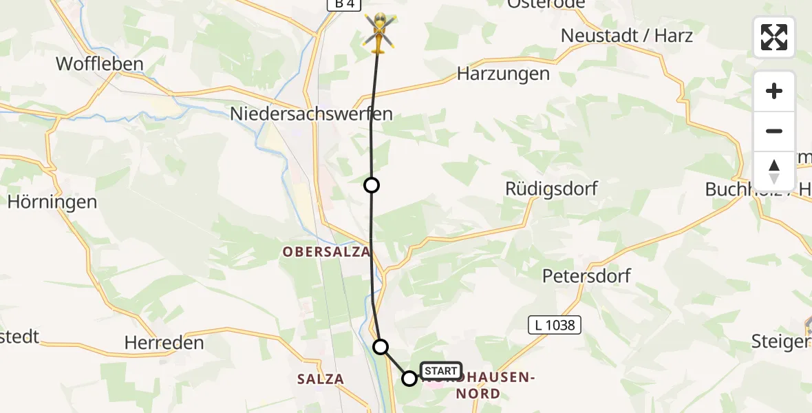 Flugroute Rettungshubschrauber Südharz Hospital Nordhausen - Harztor, 19 September 2026, 08:37