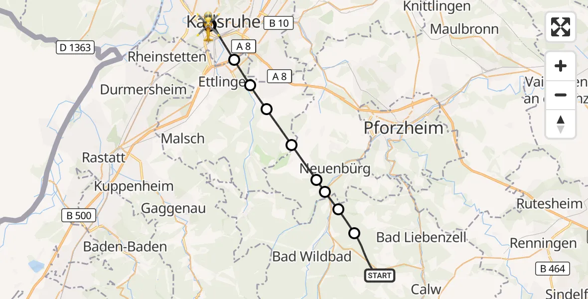 Flugroute Ambulanzhubschrauber Oberreichenbach - Sankt Vincentius Hospital, 19 September 2026, 08:58