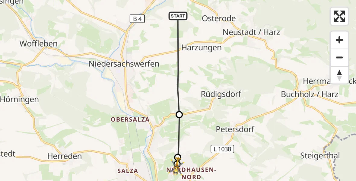 Flugroute Rettungshubschrauber Harztor - Südharz Hospital Nordhausen, 19 September 2026, 09:11