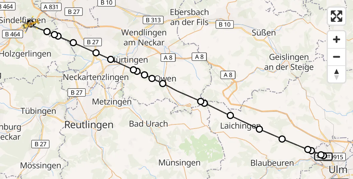 Flugroute Rettungshubschrauber Ulm Military Hospital Emergency - Böblingen, 19 September 2026, 09:12