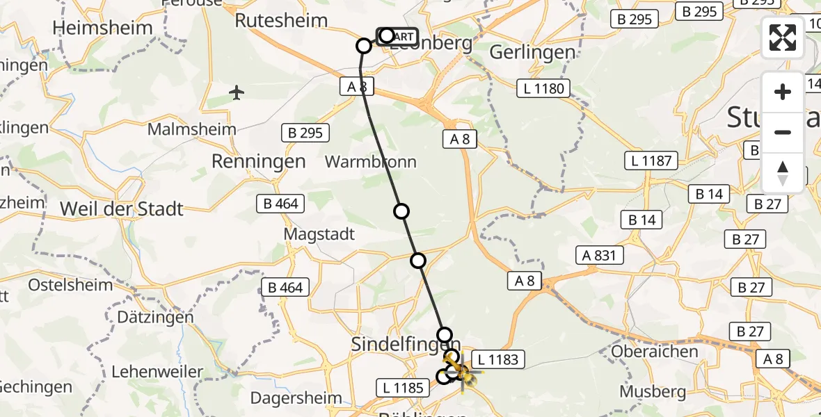 Flugroute Rettungshubschrauber Leonberg Hospital - Böblingen, 19 September 2026, 09:13
