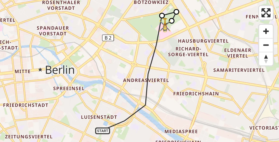 Flugroute Rettungshubschrauber Berlin - Vivantes Freidrichshain Clinic, 19 September 2026, 09:27