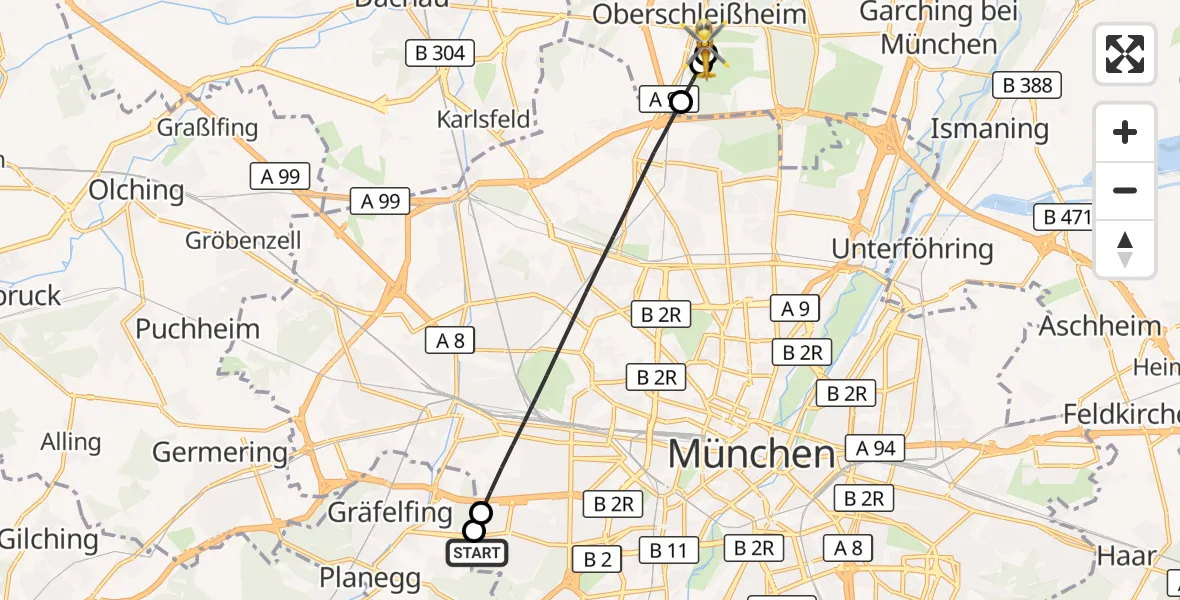 Flugroute Rettungshubschrauber DRF Air Rescue München Hubschrauberlandeplatz - Oberschleißheim, 19 September 2026, 09:30