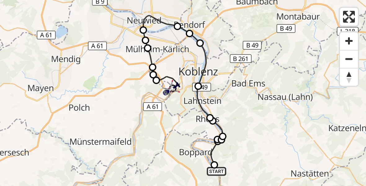 Flugroute Polizeihubschrauber Boppard - Koblenz-Winningen Flugplatz, 19 September 2026, 09:40