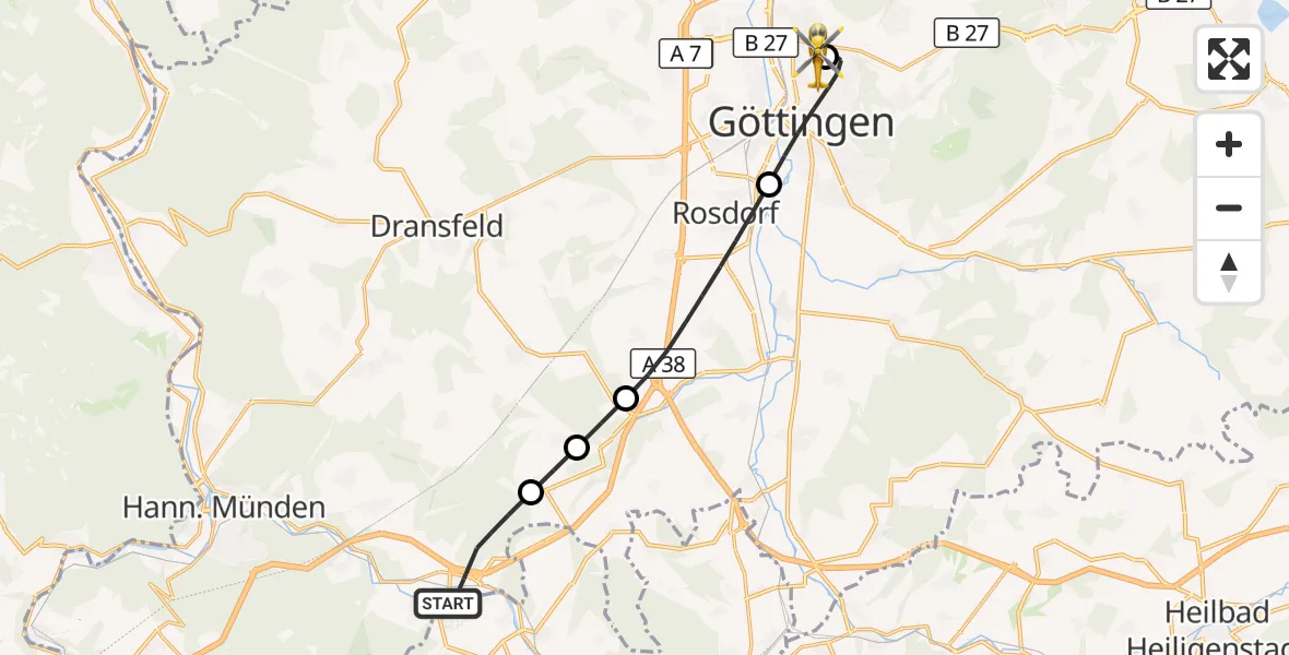 Flugroute Rettungshubschrauber Hann.Münden - Göttingen University Clinic Hubschrauberlandeplatz, 19 September 2026, 09:40