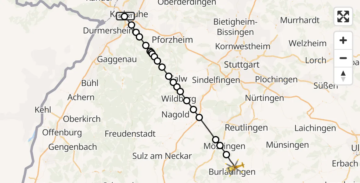 Flugroute Ambulanzhubschrauber Sankt Vincentius Hospital - Burladingen, 19 September 2026, 09:48