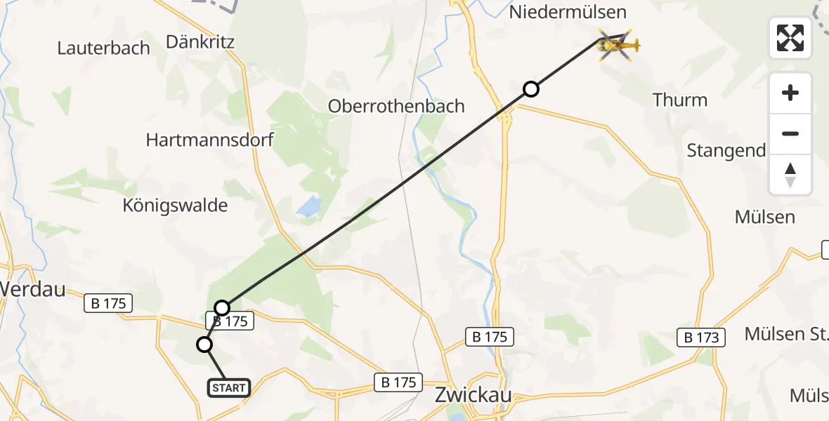 Flugroute Rettungshubschrauber ADAC Air Rescue Station Zwickau Hubschrauberlandeplatz - Mülsen, 19 September 2026, 09:51