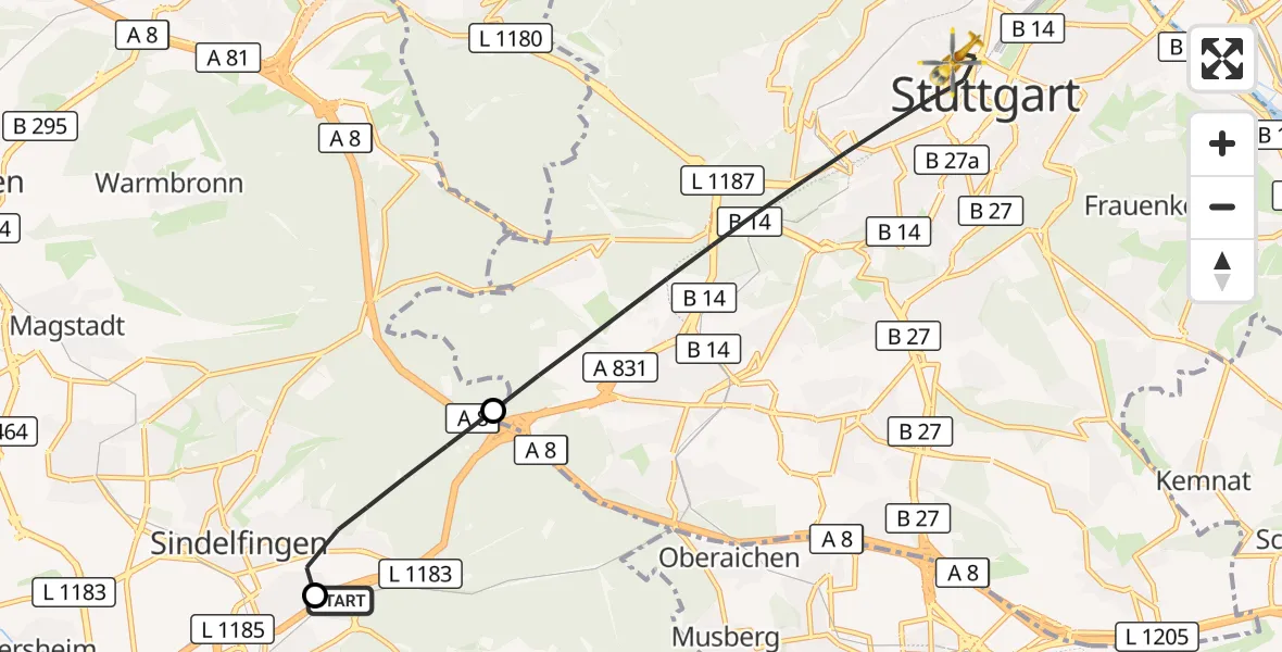 Flugroute Rettungshubschrauber Böblingen - Stuttgart, 19 September 2026, 09:55