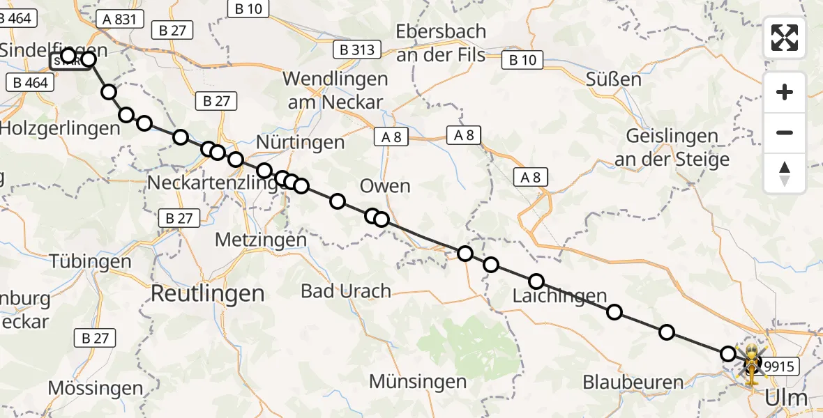 Flugroute Rettungshubschrauber Böblingen - ADAC Air Rescue Station Ulm (Christoph 22), 19 September 2026, 10:01