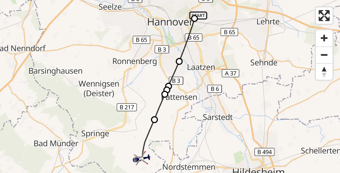 Flugroute Polizeihubschrauber Hannover Luftrettung Hubschrauberlandeplatz (Christoph 4) - Springe, 19 September 2026, 10:14