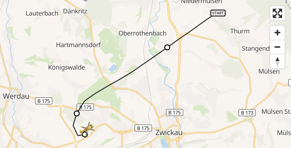 Flugroute Rettungshubschrauber Mülsen - ADAC Air Rescue Station Zwickau Hubschrauberlandeplatz, 19 September 2026, 10:22