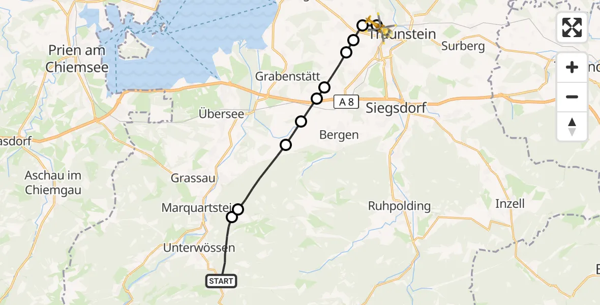 Flugroute Rettungshubschrauber Unterwössen - Traunstein Krankenhaus Hubschrauberlandeplatz, 19 September 2026, 10:24