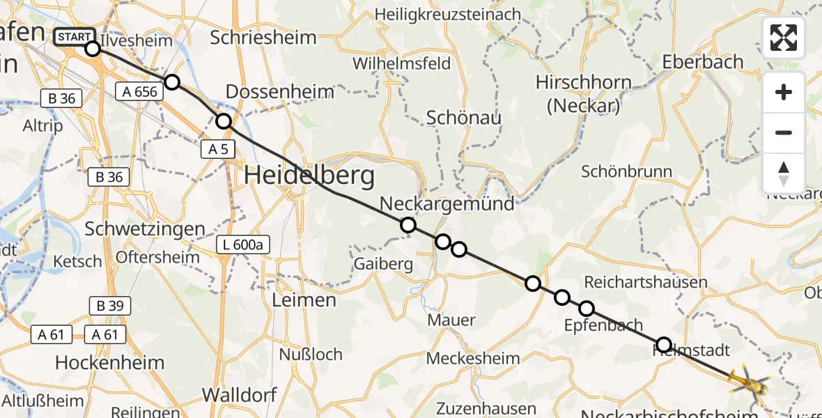 Flugroute Rettungshubschrauber Mannheim-City Flughafen - Helmstadt-Bargen, 19 September 2026, 10:25