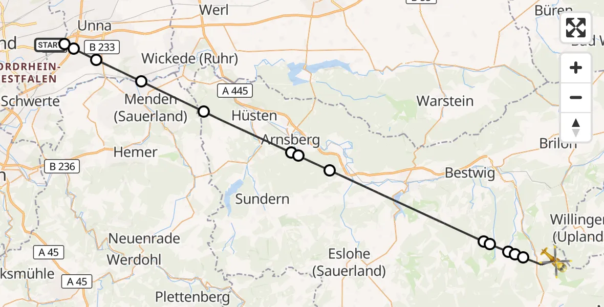 Flugroute Rettungshubschrauber Dortmund Flughafen - Winterberg, 19 September 2026, 10:26
