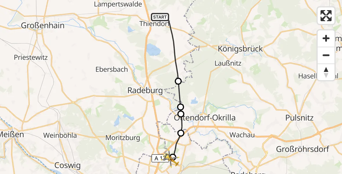 Flugroute Rettungshubschrauber Thiendorf - Dresden Bundespolizei Hubschrauberlandeplatz, 19 September 2026, 10:29
