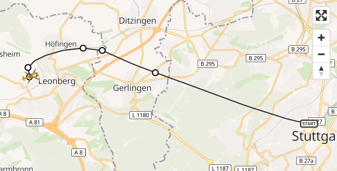 Flugroute Rettungshubschrauber Stuttgart - Leonberg Hospital, 19 September 2026, 10:31