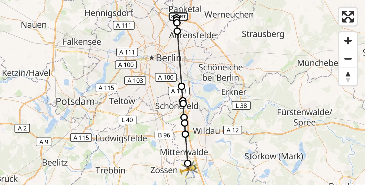 Flugroute Rettungshubschrauber Helios Clinic Berlin-Buch - Zossen, 19 September 2026, 10:36