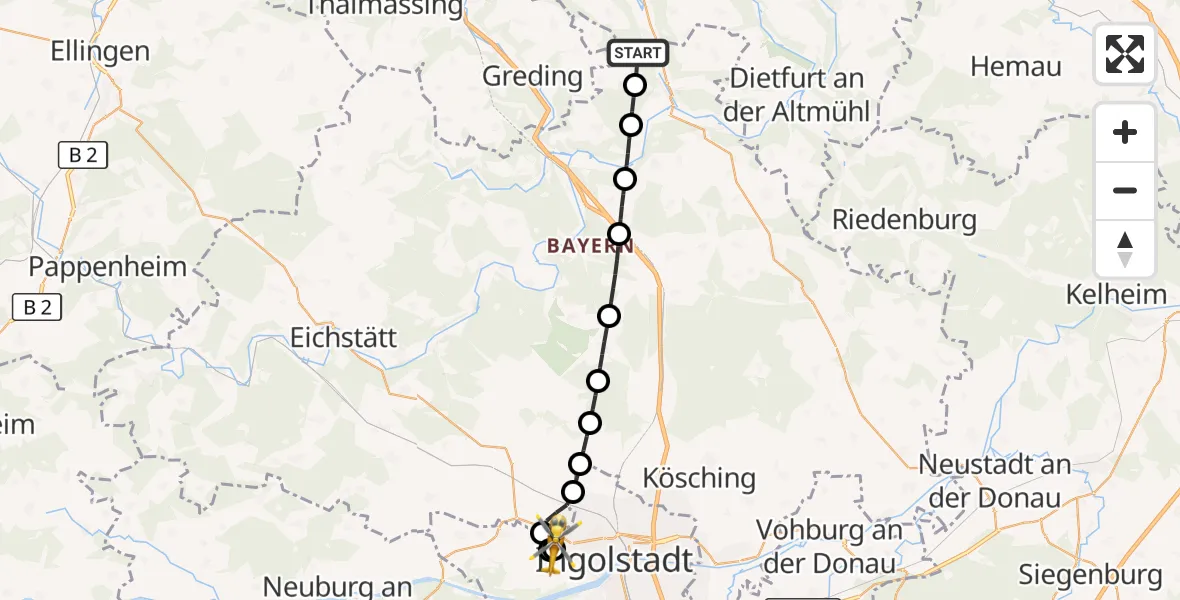 Flugroute Rettungshubschrauber Beilngries - Ingolstadt Hospital, 19 September 2026, 10:48