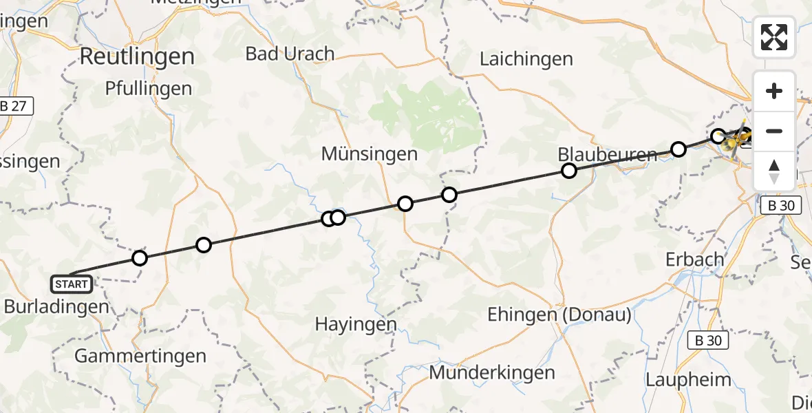 Flugroute Ambulanzhubschrauber Burladingen - Ulm Military Hospital Emergency, 19 September 2026, 10:49