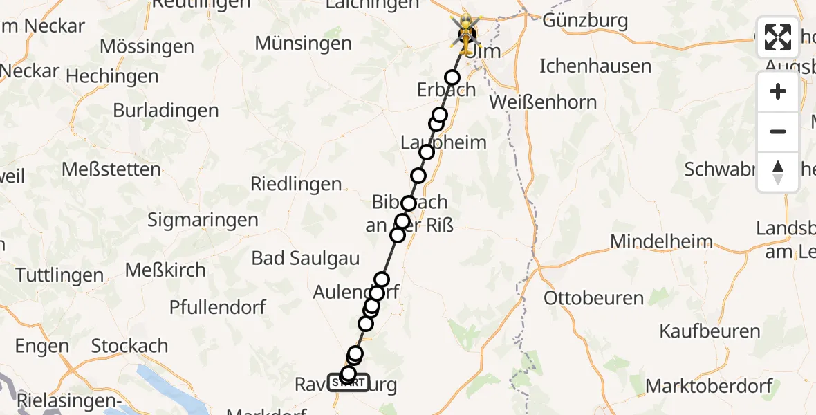 Flugroute Rettungshubschrauber Sankt Elisabeth Hospital - Ulm Military Hospital Emergency, 19 September 2026, 10:59