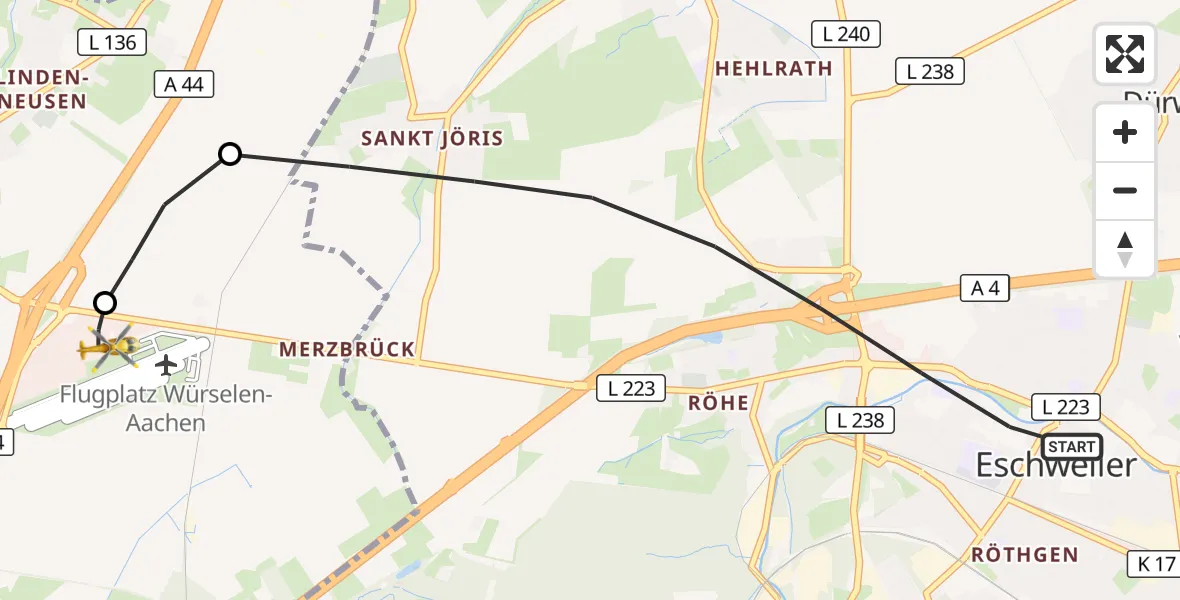Flugroute Rettungshubschrauber Eschweiler - Aachen-Merzbrück Flughafen, 19 September 2026, 11:05
