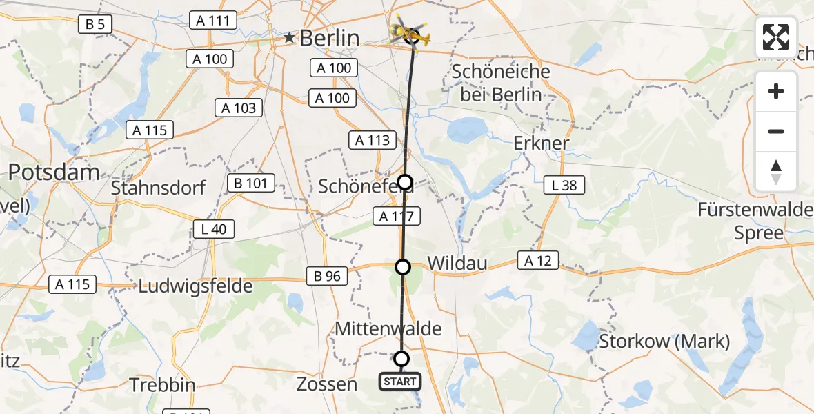 Flugroute Rettungshubschrauber Zossen - Berlin Emergency Hospital, 19 September 2026, 11:07