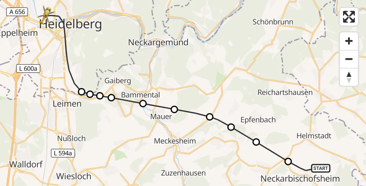 Flugroute Rettungshubschrauber Neckarbischofsheim - Heidelberg, 19 September 2026, 11:08