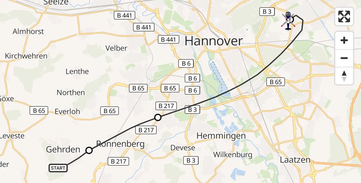 Flugroute Polizeihubschrauber Gehrden - Hannover Luftrettung Hubschrauberlandeplatz (Christoph 4), 19 September 2026, 11:08