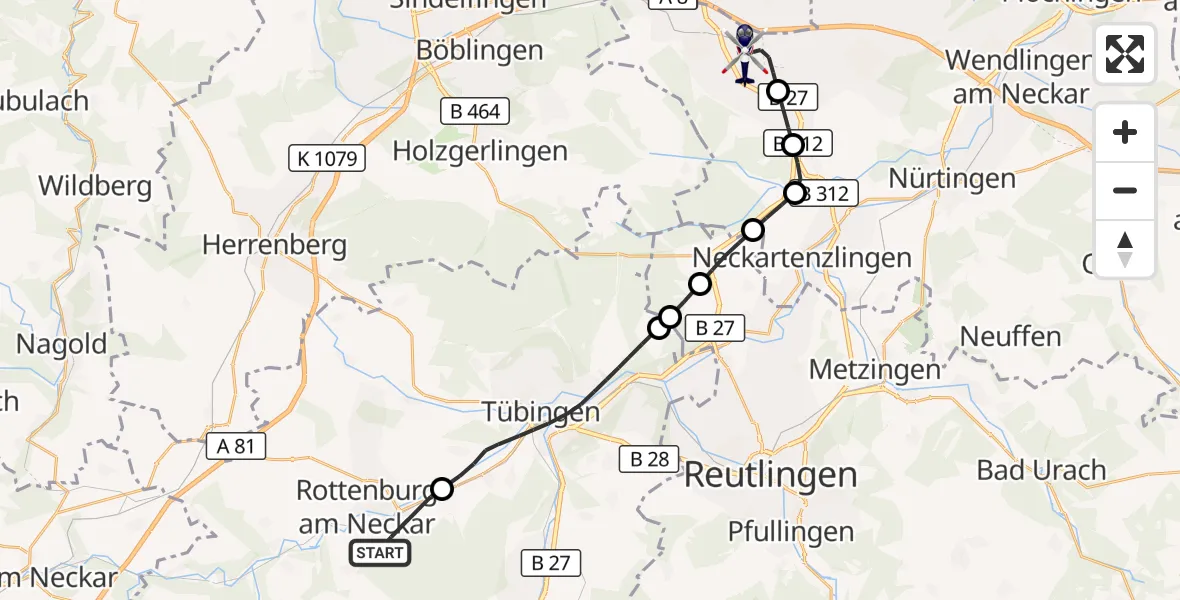 Flugroute Polizeihubschrauber Rottenburg am Neckar - Flughafen Stuttgart, 19 September 2026, 11:09