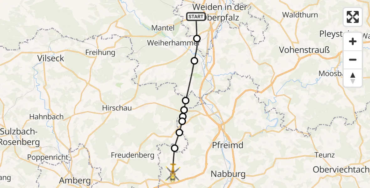 Flugroute Ambulanzhubschrauber Weiden i.d.OPf. - Schmidgaden, 19 September 2026, 11:11