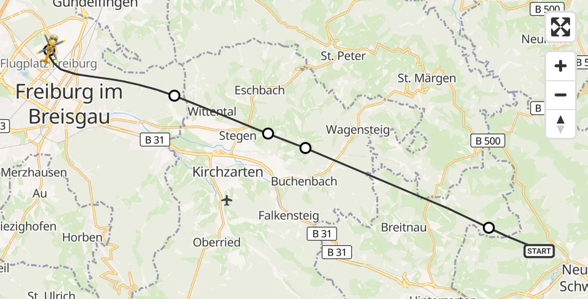 Flugroute Ambulanzhubschrauber Titisee-Neustadt - Freiburg im Breisgau Flugplatz, 19 September 2026, 11:15