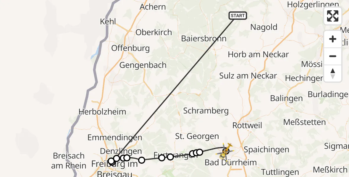 Flugroute Ambulanzhubschrauber Altensteig - DRF Air Rescue Station Villingen-Schwenningen Hubschrauberlandeplatz (Christoph 11), 19 September 2026, 11:16