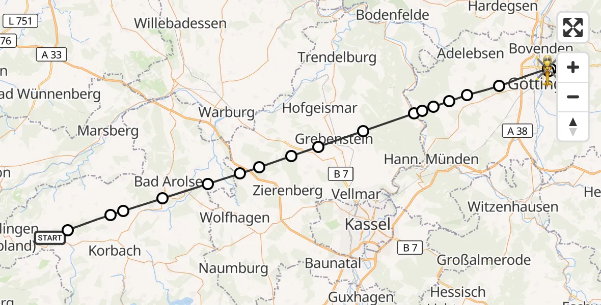 Flugroute Rettungshubschrauber Willingen (Upland) - Göttingen University Clinic Hubschrauberlandeplatz, 19 September 2026, 11:40