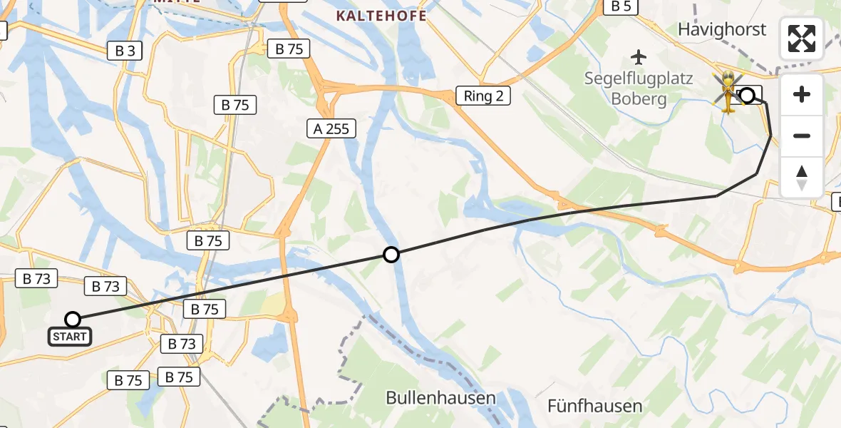 Flugroute Rettungshubschrauber Asklepios Hospital Harburg - Christoph Hansa ADAC Hubschrauberlandeplatz, 19 September 2026, 11:51