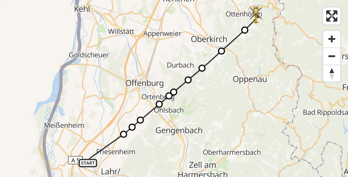 Flugroute Rettungshubschrauber Lahr Flughafen - Ottenhöfen im Schwarzwald, 19 September 2026, 11:52