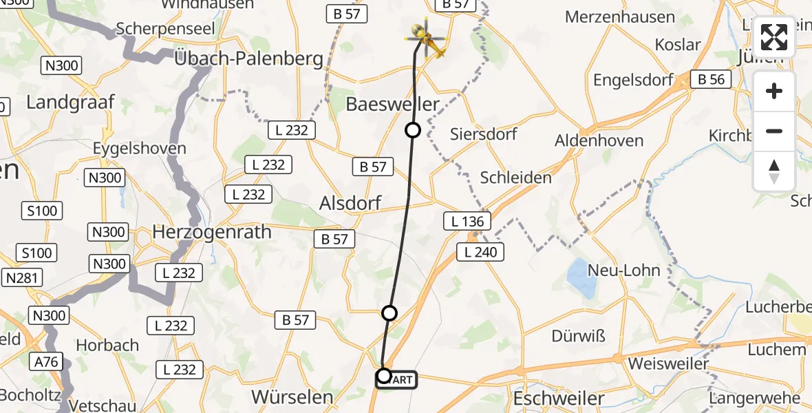 Flugroute Rettungshubschrauber Aachen-Merzbrück Flughafen - Baesweiler, 19 September 2026, 11:59