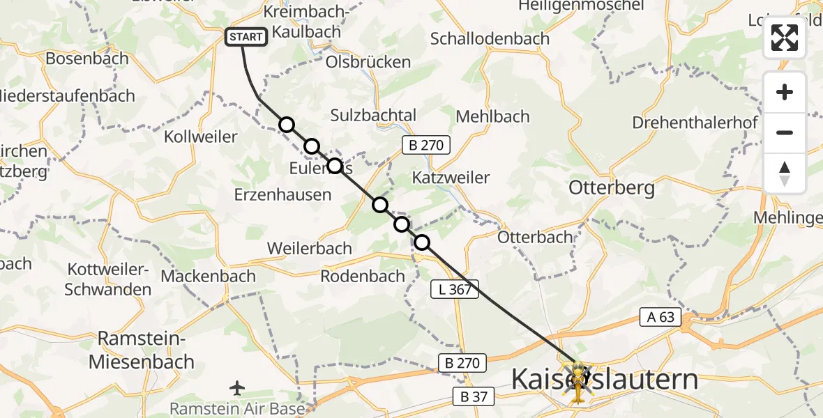 Flugroute Rettungshubschrauber Rothselberg - Westpfalz Hospital Kaiserslautern, 19 September 2026, 12:03