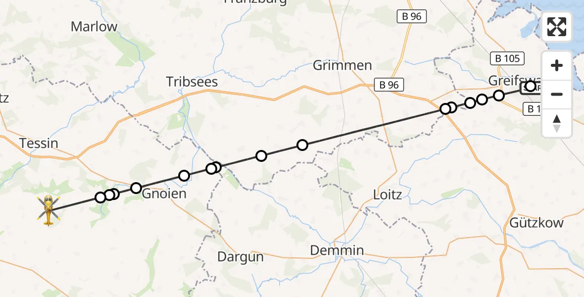 Flugroute Rettungshubschrauber Greifswald Hospital - Wardow, 19 September 2026, 12:04