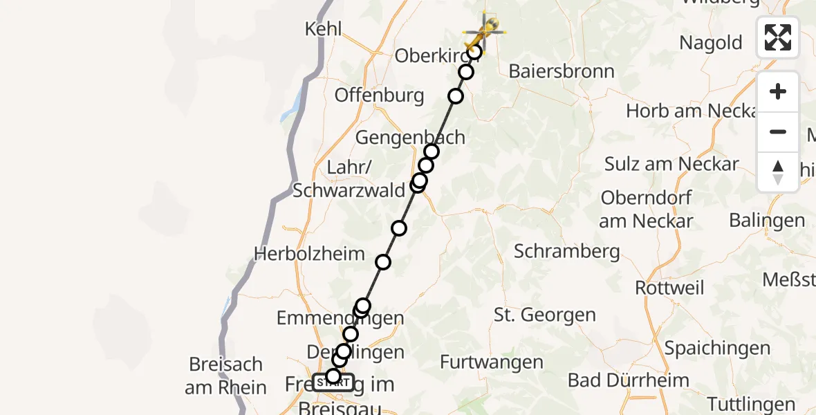 Flugroute Ambulanzhubschrauber Freiburg im Breisgau Flugplatz - Ottenhöfen im Schwarzwald, 19 September 2026, 12:09