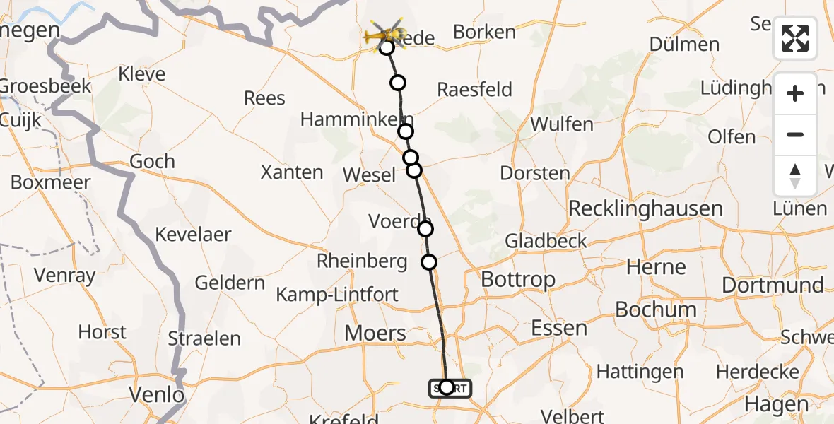 Flugroute Rettungshubschrauber Duisburg Air Rescue Hubschrauberlandeplatz (Christoph 9) - Bocholt, 19 September 2026, 12:18