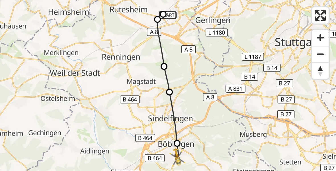 Flugroute Rettungshubschrauber Leonberg Hospital - Böblingen, 19 September 2026, 12:26
