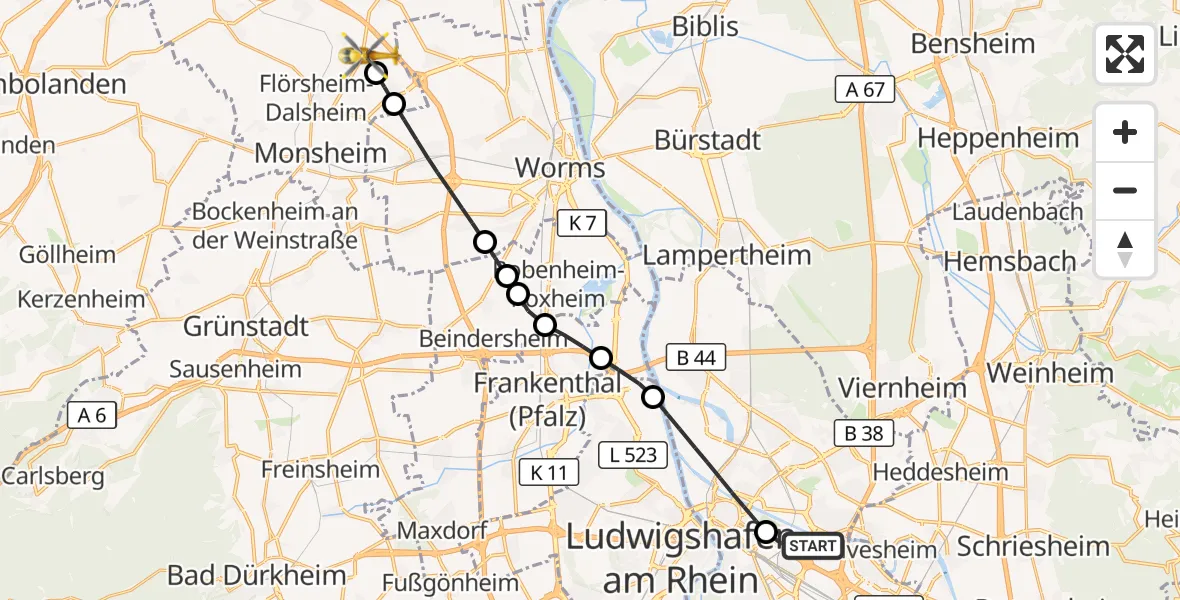 Flugroute Rettungshubschrauber Mannheim-City Flughafen - Gundheim, 19 September 2026, 12:29