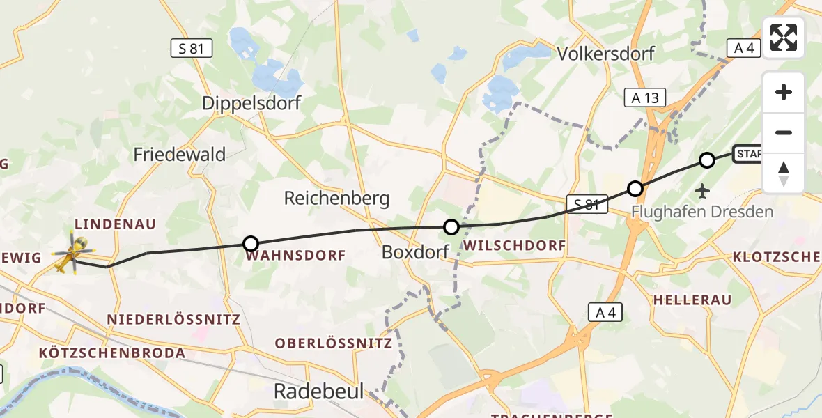 Flugroute Rettungshubschrauber Dresden Bundespolizei Hubschrauberlandeplatz - Radebeul, 19 September 2026, 12:35