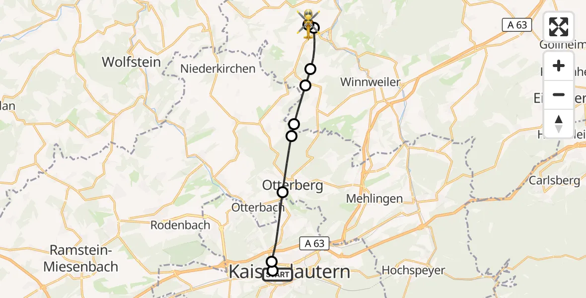 Flugroute Rettungshubschrauber Westpfalz Hospital Kaiserslautern - Rockenhausen, 19 September 2026, 12:37