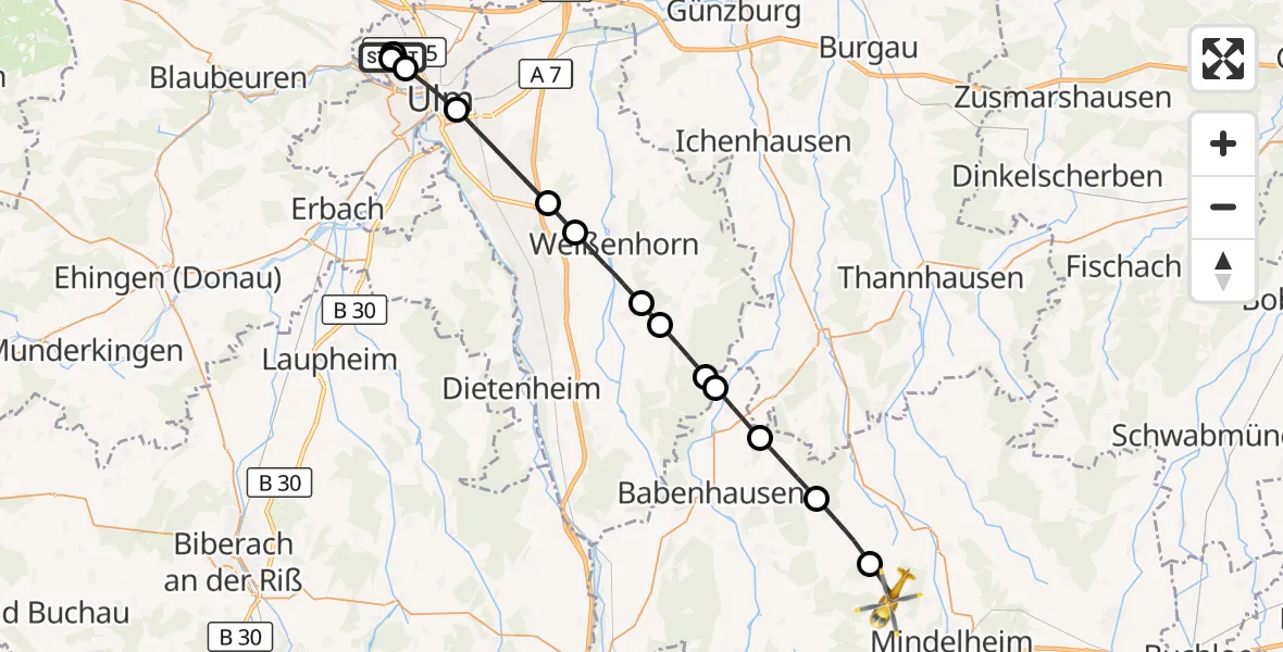 Flugroute Rettungshubschrauber Ulm Military Hospital Emergency - Oberrieden, 19 September 2026, 12:50