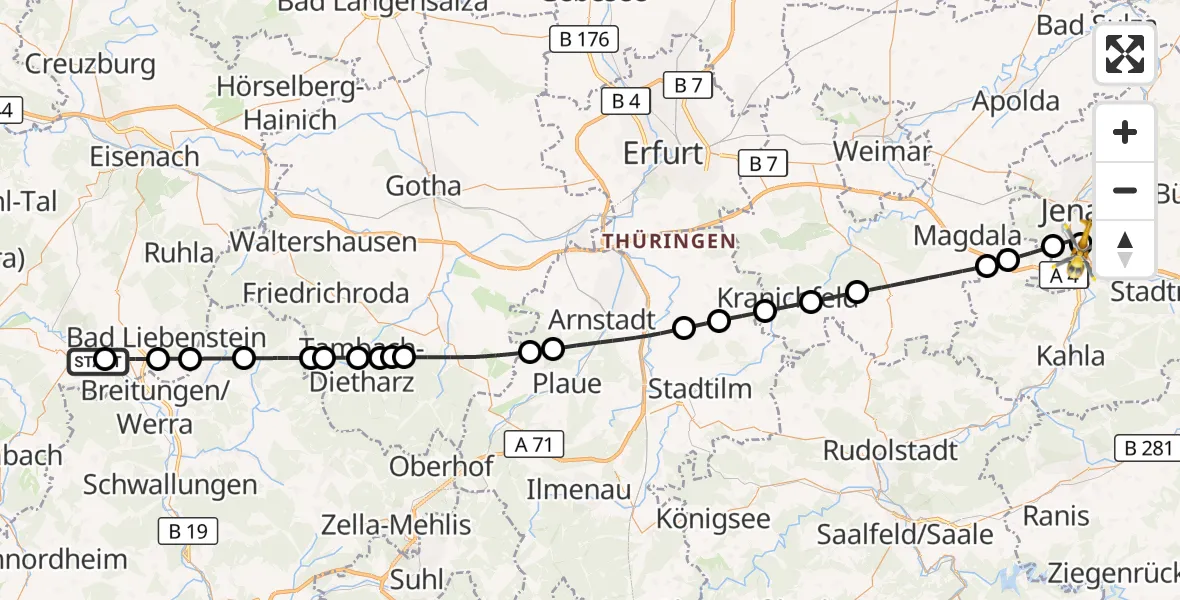 Flugroute Ambulanzhubschrauber Bad Salzungen - Lobeda Hubschrauberlandeplatz, 19 September 2026, 13:00