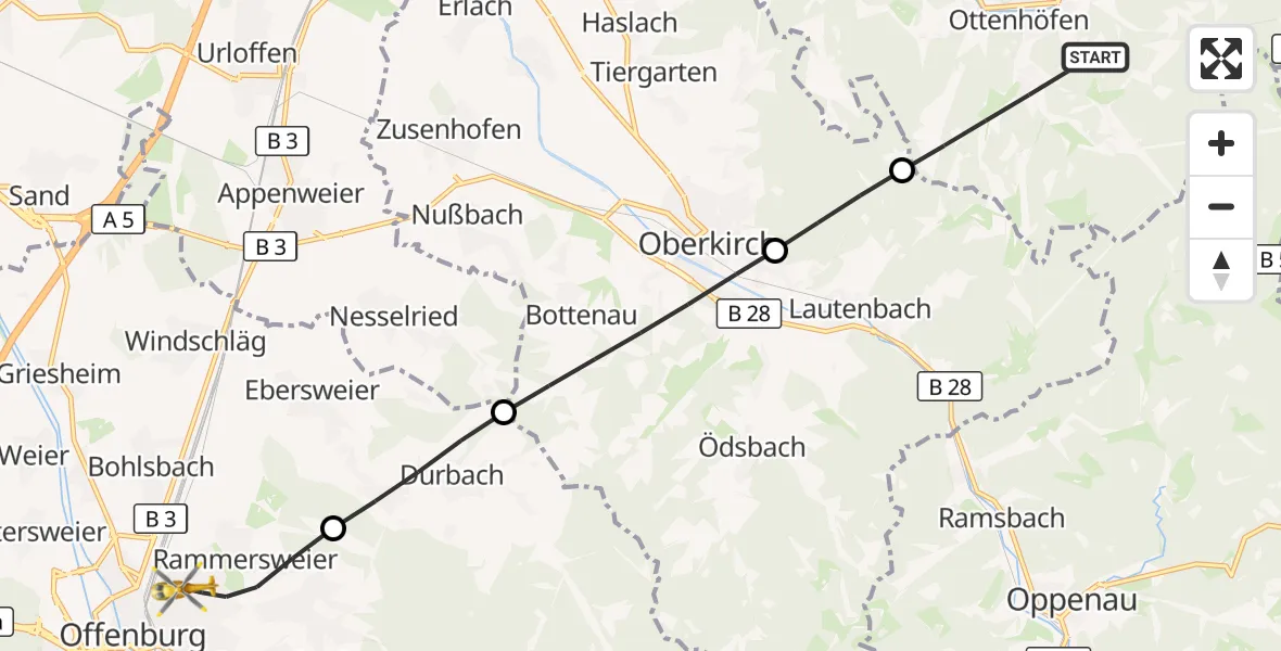 Flugroute Ambulanzhubschrauber Ottenhöfen im Schwarzwald - Offenburg, 19 September 2026, 13:01