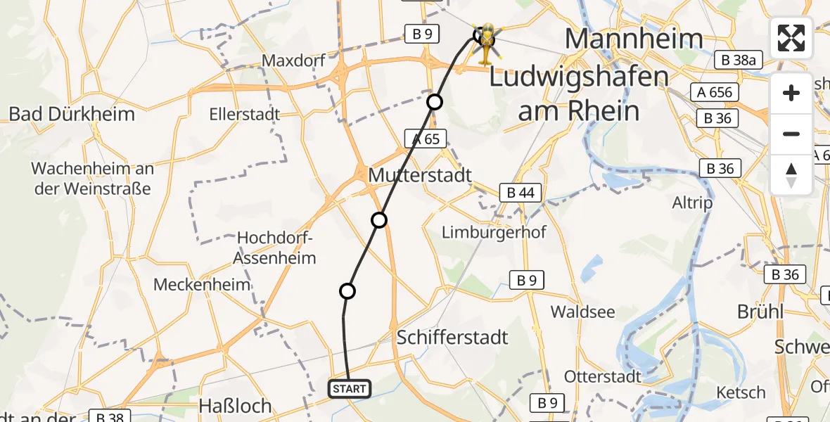Flugroute Rettungshubschrauber Böhl-Iggelheim - Ludwigshafen Accident Hospital, 19 September 2026, 13:03