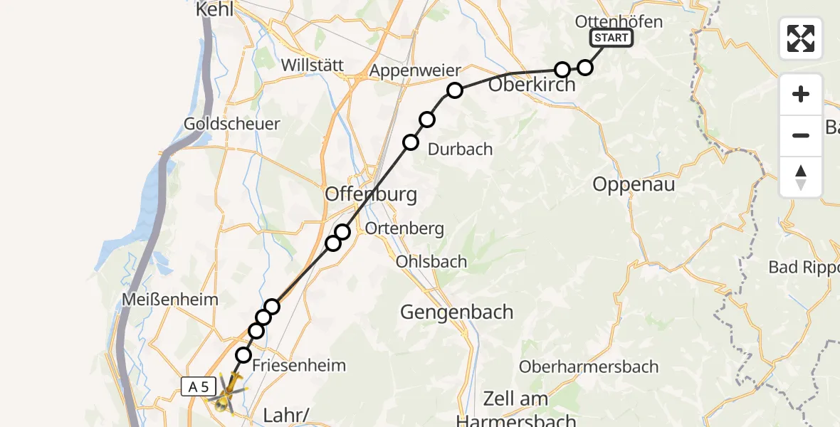 Flugroute Rettungshubschrauber Ottenhöfen im Schwarzwald - Lahr Flughafen, 19 September 2026, 13:05